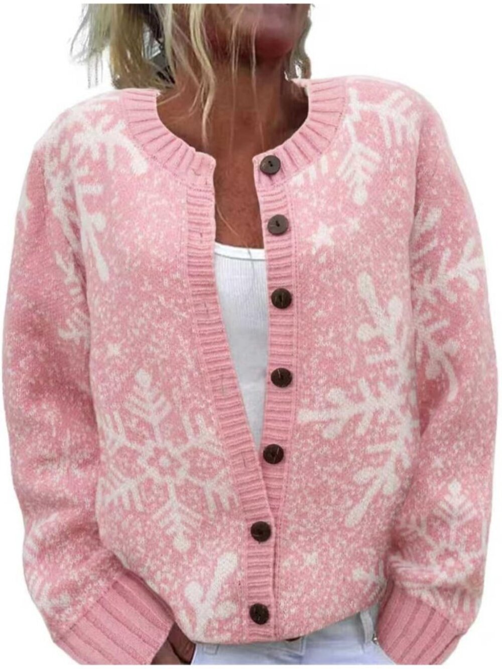 Women’s Pink White Snowflake Knit Button Cardigan Holiday Sweater